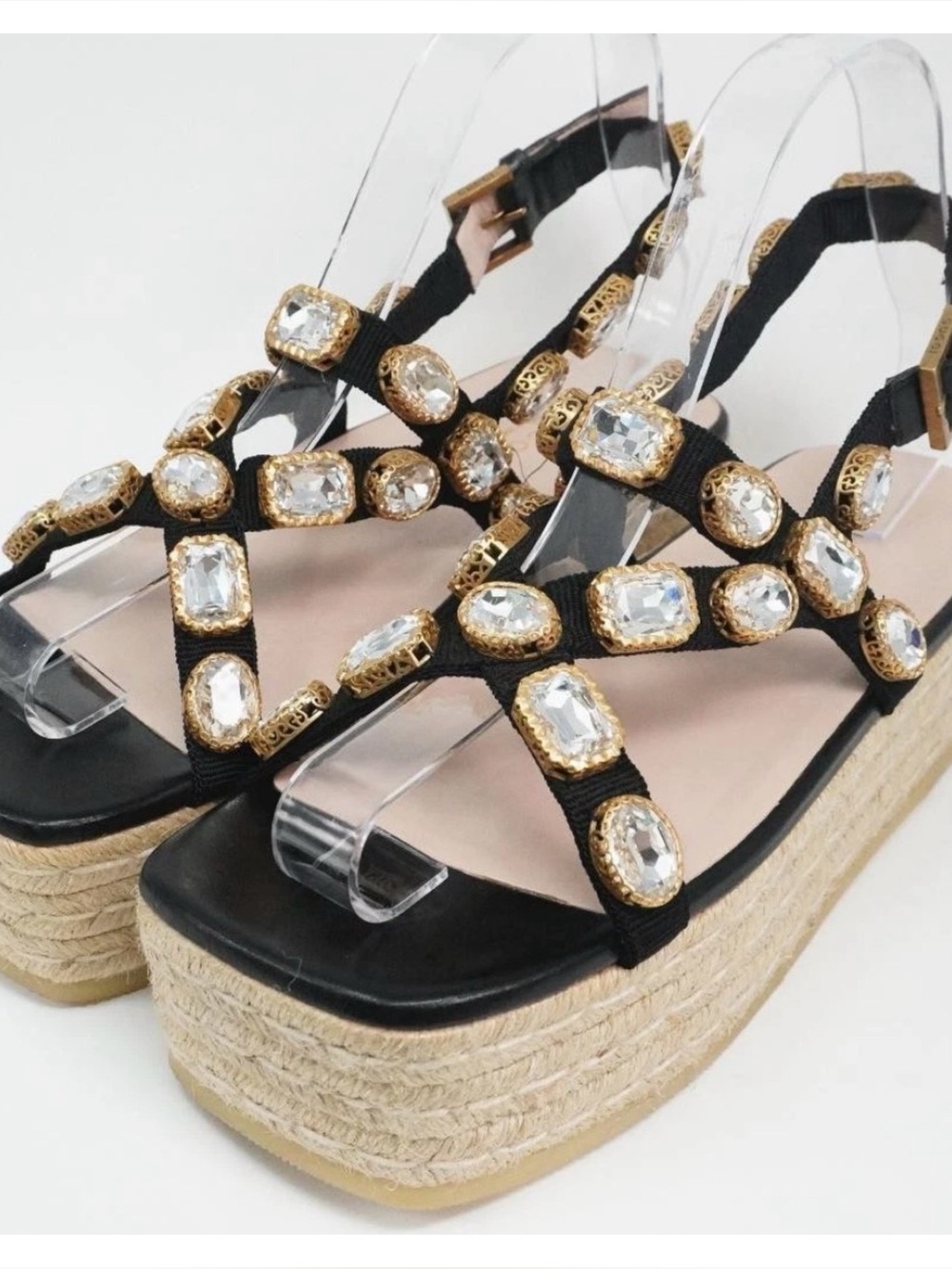 Gucci Crystal Embellished Espadrille Platform Sandals Black Size 36